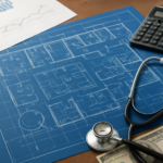 Blueprint of a healthcare facility with a stethoscope and calculator on a desk