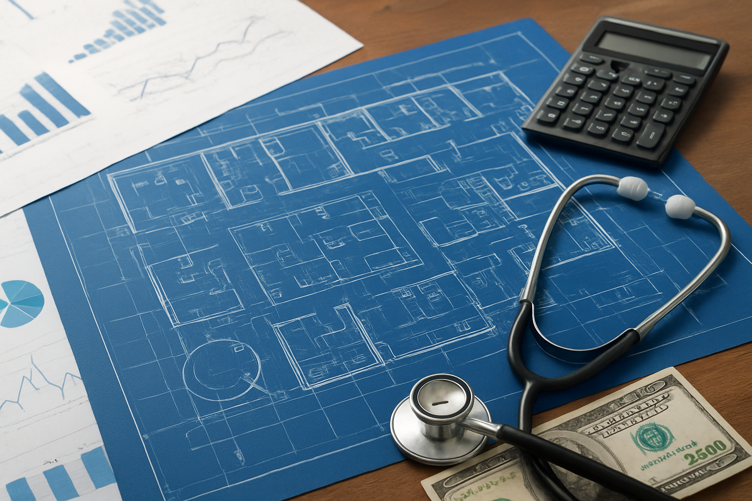 Blueprint of a healthcare facility with a stethoscope and calculator on a desk