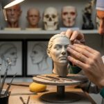 A plastic surgeon meticulously sculpting a model face in a well-equipped studio.