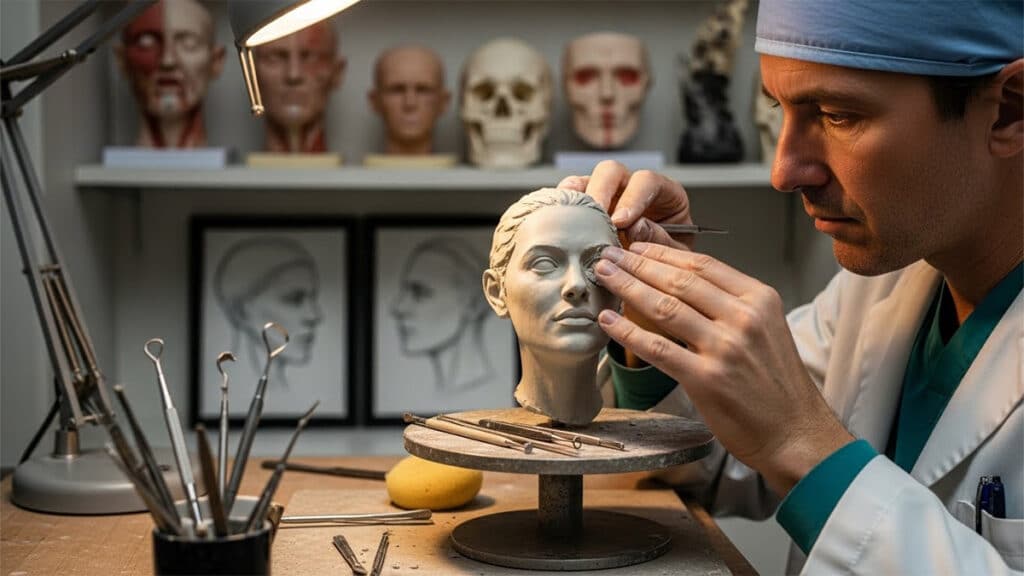 A plastic surgeon meticulously sculpting a model face in a well-equipped studio.