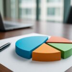 Colorful pie chart made of foam pieces on a wooden desk next to a ballpoint pen and laptop