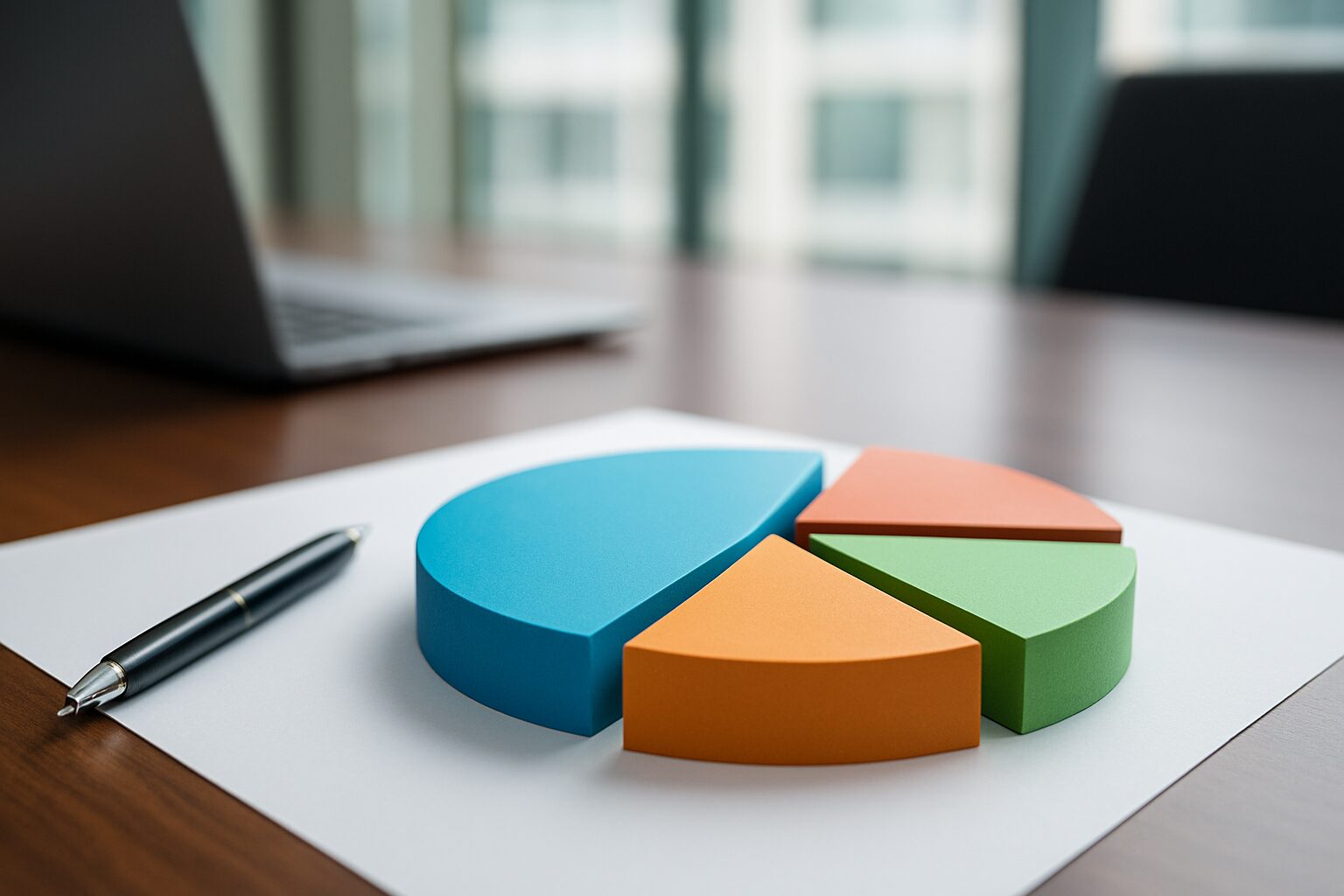 Colorful pie chart made of foam pieces on a wooden desk next to a ballpoint pen and laptop